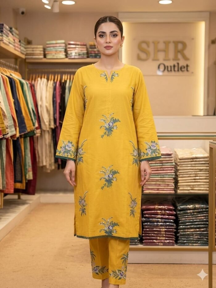 KHADDI - Mustard Floral Embroidered 2-Piece Lawn Suit