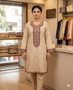 Ethnic Beigh and Mehroon Embroidery