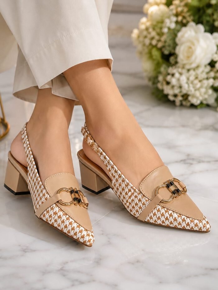 ZARA Trendy Sling Back Heels – Houndstooth Buckle Design