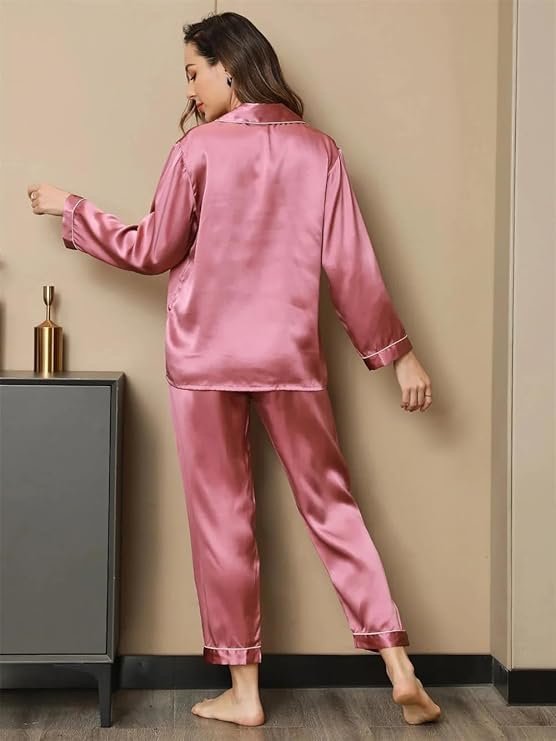 Navy Silk Satin Pyjama Set – Classic Piping Detail