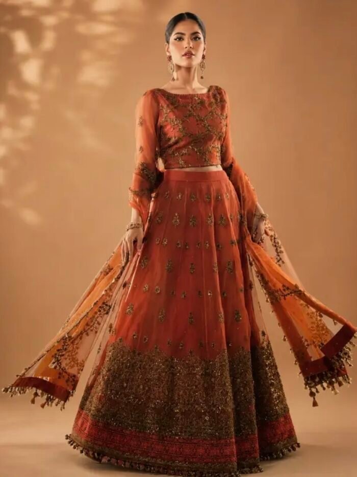 Alkaram Studio – Rust Orange Embroidered Lehnga Choli