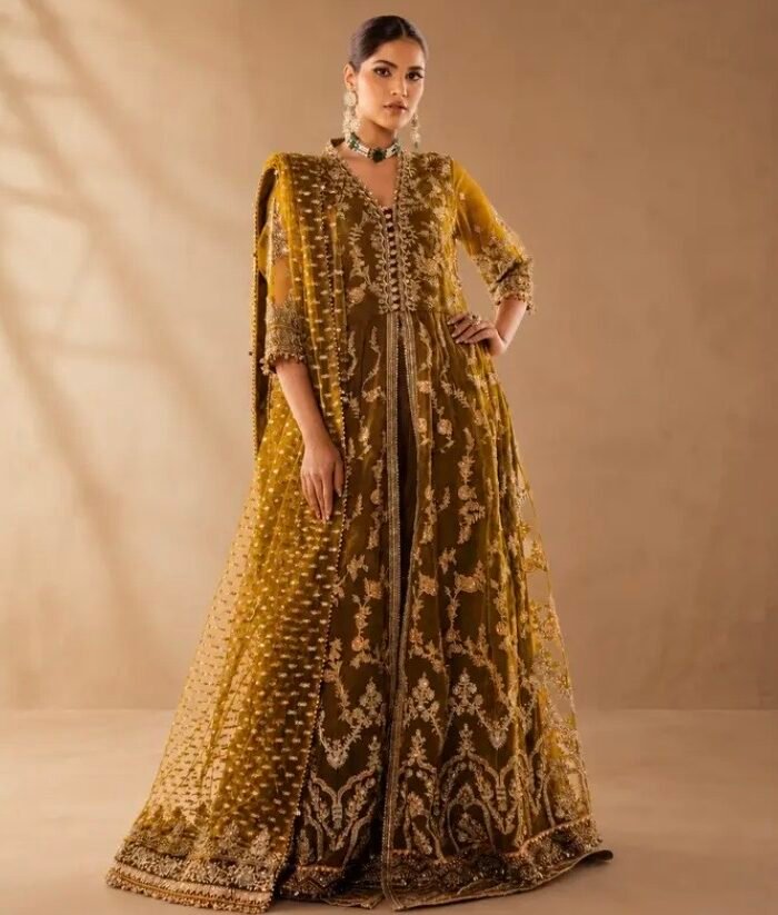 Alkaram Studio – Olive Gold Embroidered Front-Open Maxi