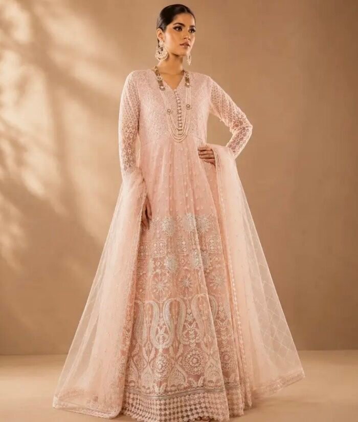 Alkaram Studio – Blush Pink Embroidered Net Anarkali