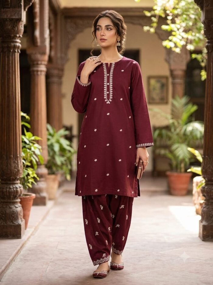 2Pc Lawn Embroidered Suit-MEHROON