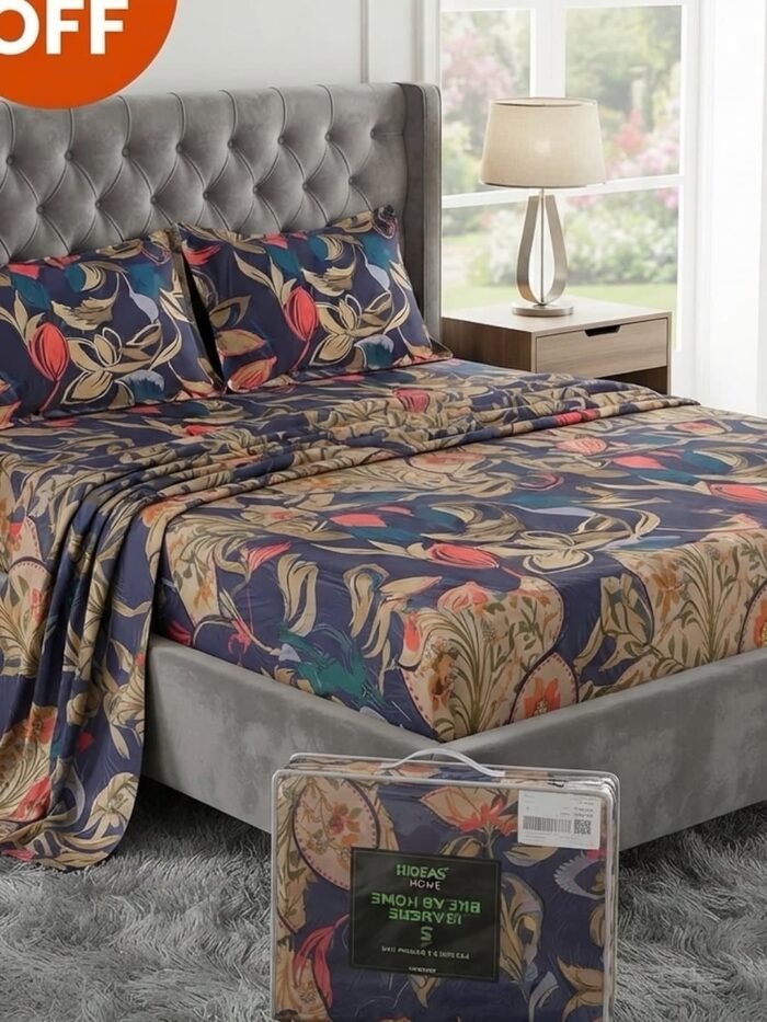 Ideas “BLUE” Home King Size Cotton Bedsheet Set | Premium Floral Prints
