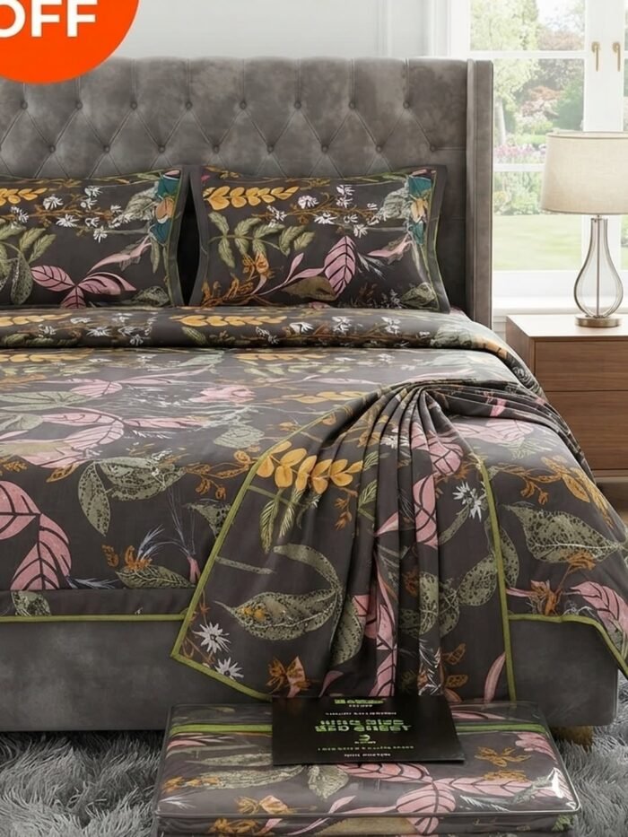 Ideas “BLACK TROPICAL” Home King Size Cotton Bedsheet Set | Premium Floral Prints