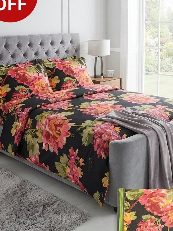 Ideas “BLACK BLOOM “Home King Size Cotton Bedsheet Set | Premium Floral Prints