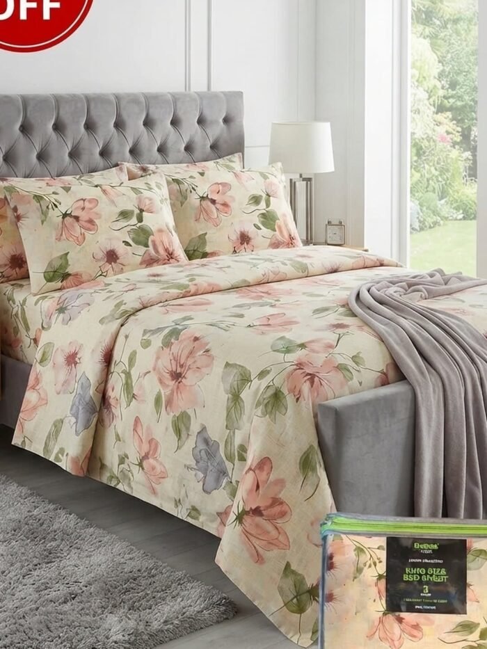 “LEMON WITH PINK FLORAL” Ideas Home King Size Cotton Bedsheet Set | Premium Floral Prints |