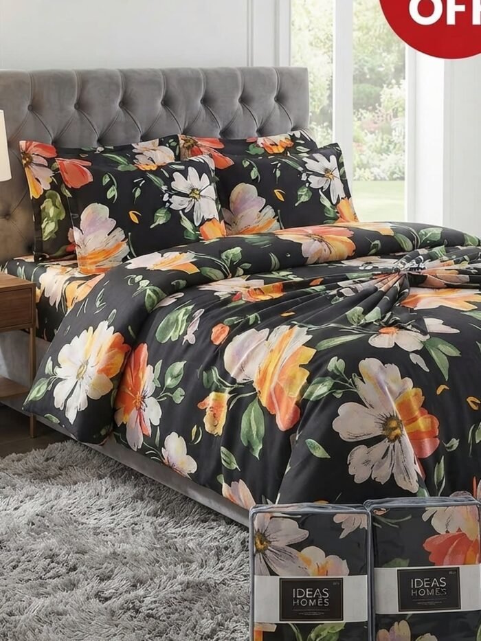 Ideas “BLACK JUNGLE” Home King Size Cotton Bedsheet Set | Premium Floral Prints