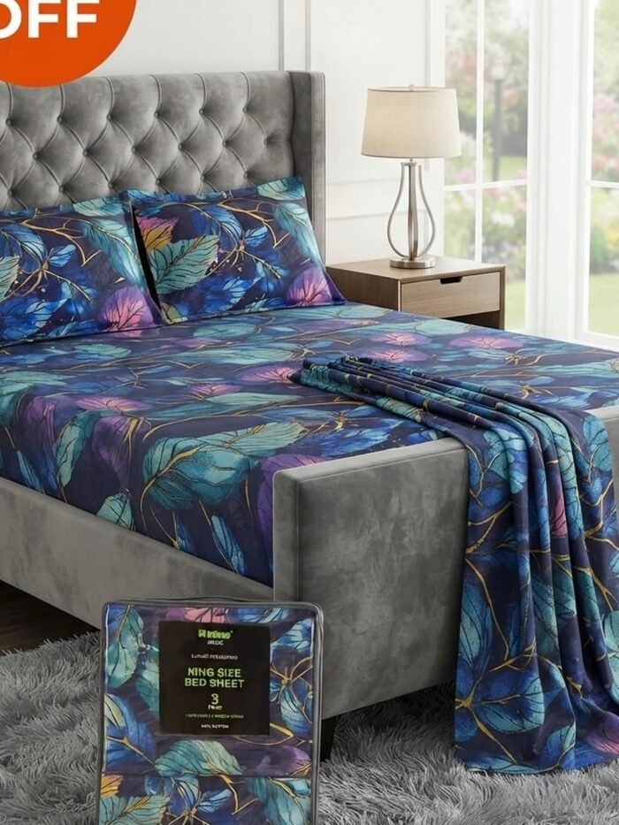 Ideas “NEON BLUE VIBE” Home King Size Cotton Bedsheet Set | Premium Floral Prints
