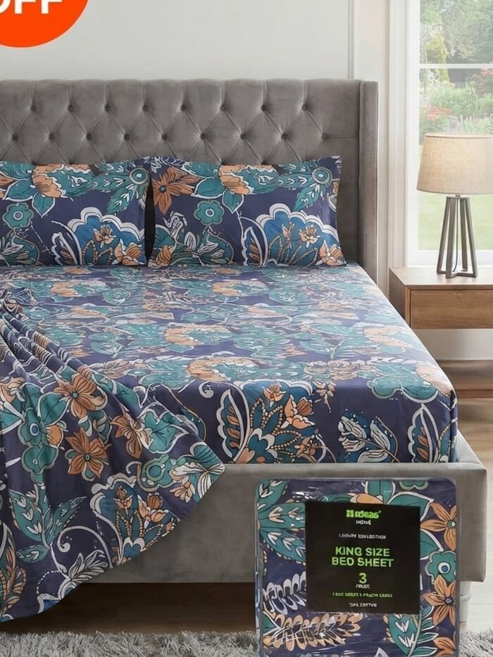 Ideas “ BLUE OCEAN “ King Size Cotton Bedsheet Set | Premium Floral Prints